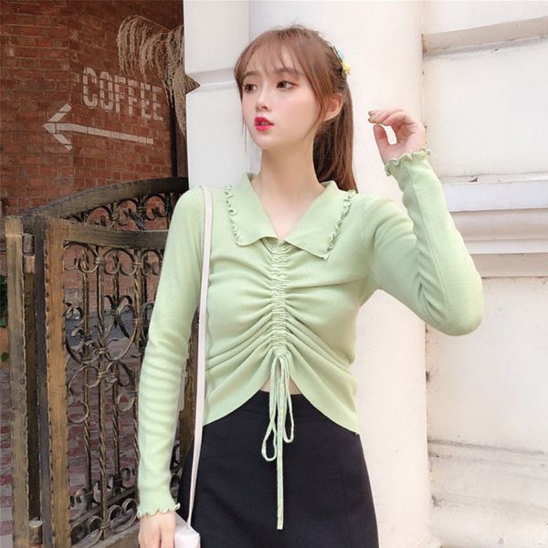 

women lapel drawstring straps elastic tight-fitting bottoming short sleeve knitting top, White;black