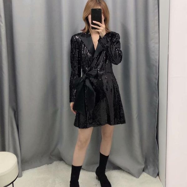 

cakucool women shiny jacket sequined bow tie belt outerwear slim long sleeve designer solid black punk long blazer spring female, White;black
