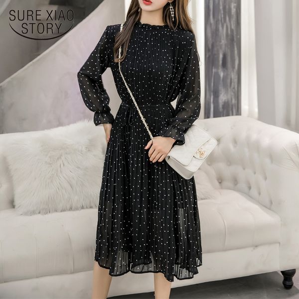 

aprilgrass brand designer black vintage clothes spring lady long chiffon dress korean fashion women long sleeved polka dot pleated dress