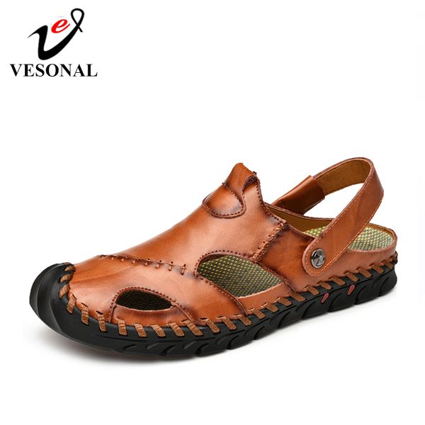 

vesonal summer handmade genuine leather outdoor shoes men sandals classic for male soft walking beach sandalias sandal slides, Black