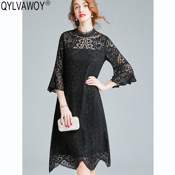 

summer 100% silk derss 2019 vintage party black dress women korean embroidery midi dress elegant dresses vestidos 6q9012, Black;gray