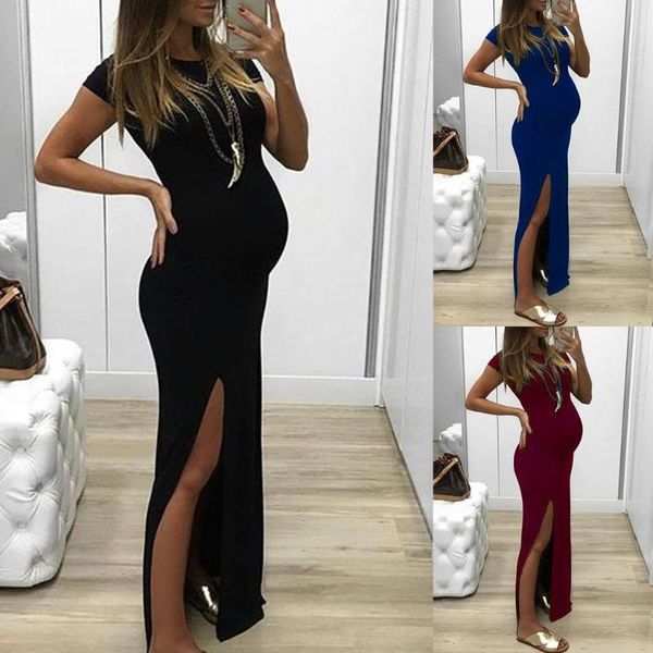 

maternity dresses pregnant womens clothing dress fashion women solid short sleeve bodycon open fork pregnancy maternity dress, White