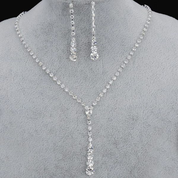 

explosions europe and the united states simple bride rhinestone necklace earpin set wedding jewelry factory outlet, Silver