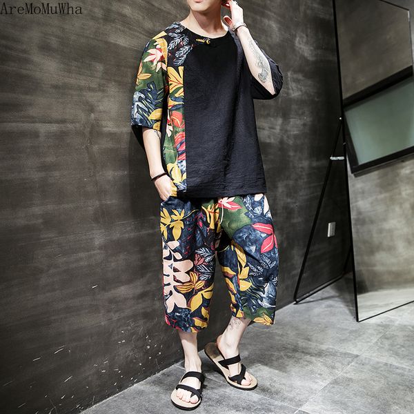 

aremomuwha2019 summer men's cotton and linen set stitching t-shirt short-sleeved men plus fat large size loose beach pantsqx1014, Gray