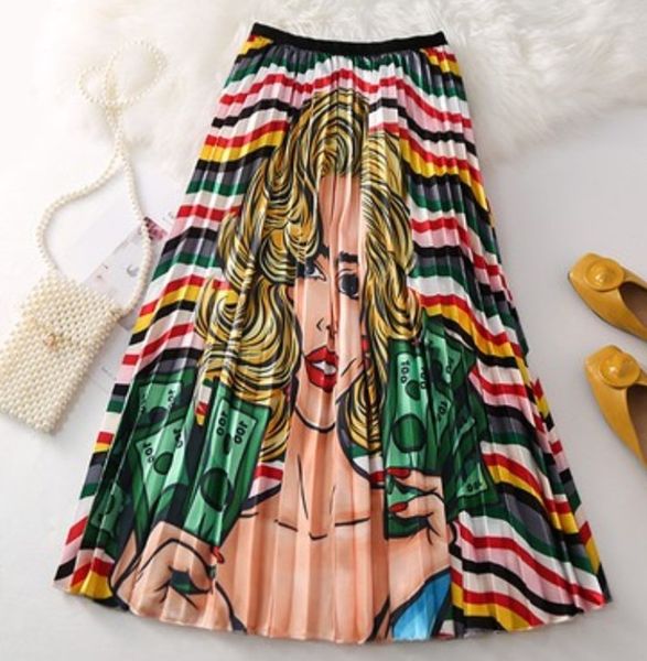 

11 styles skirts cartoon print pleated women long skirts high waist a-line for ladies 2019 summer casual female bottoms, Black