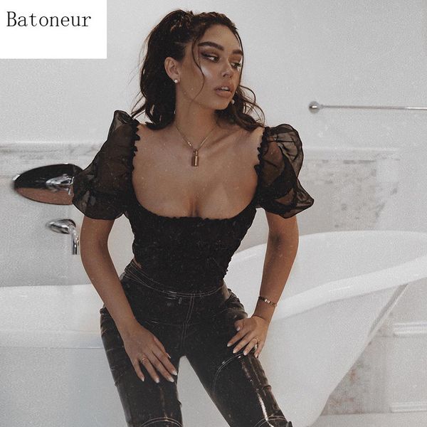 

fashion sheer mesh patchwork crop women square collar lantern sleeve t shirt black party top, White
