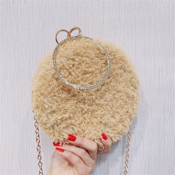 

2019 round shaped evening clutch wool tassel wedding banquet purse with chain diamond metal handel wallets drop shipping mn1555