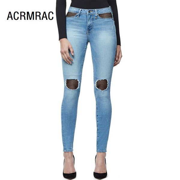 

women denim blue slim mid waist hole summer pencil pants skinny jeans woman