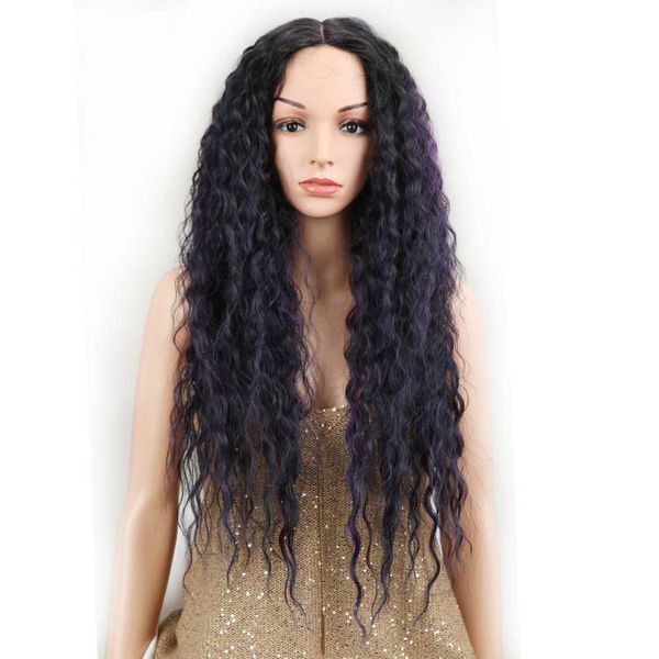 

selling lady long curly hair wig 28 inches high temperature silk chemical fiber hood hand-woven front lace high-grade rose inner net, Black