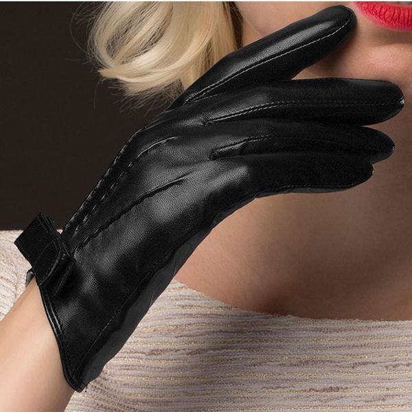 

black genuine leather gloves women fashion short real sheepskin winter thermal thicken bow knot driving glove nw113-5, Blue;gray