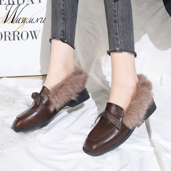 

fur oxford leather shoes for women winter fashion brown black flats ladies plush slip on square toe outdoor flat loafers