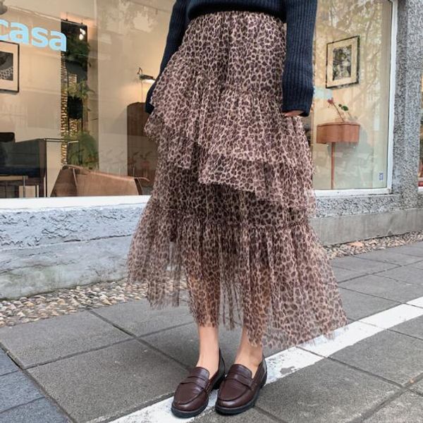 

vintage leopard printed ruffles 2020 women skirt elastic waist cascaded a-line female skirt party long skirts femme dv685, Black