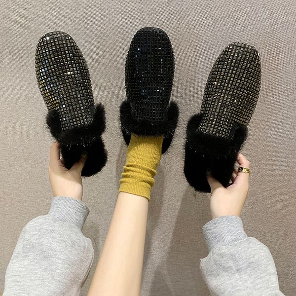 

low shoes plush slippers for adults luxury slides square toe slipers women fur designer flat 2019 basic pu bling rome with fur, Black
