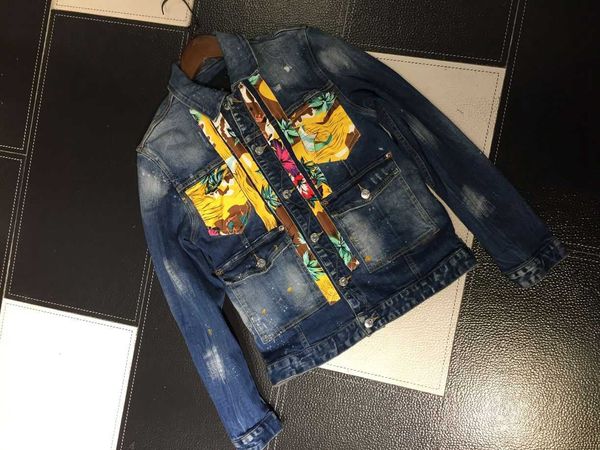 

mens fashion boutique jackets letter trend washed d2 denim jacket student couple with the same paragraph c17, Black;brown