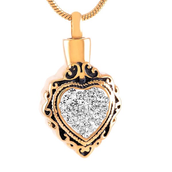 

ijd9445 inlay white crystal heart gold pendant cremation hold for ashes urn stainless steel keepsake memorial necklace for women jewelry, Silver