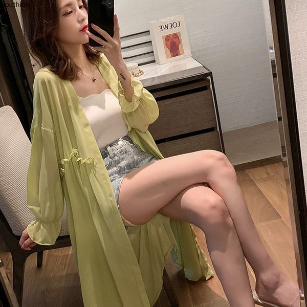 

houthion women's shirt blouse temperament chiffon long sleeve spring summer new korean shirt blouse cardigan, White