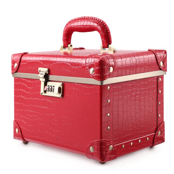 

red portable makeup train case cosmetic bags leather toiletry case for women cosmetic cases crocodile skin