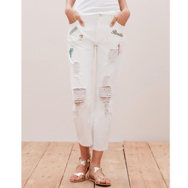

8022 women summer fashion solid mid waist loose thin hole light patchwork long harem pants ripped jeans with zipper lays, Blue
