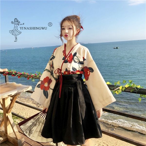 

японский платье кимоно костюм юбка женщины азиатский femal одежда lady yukata хаори tops распечатать kawaii одежда девочки партия robe набор, Red