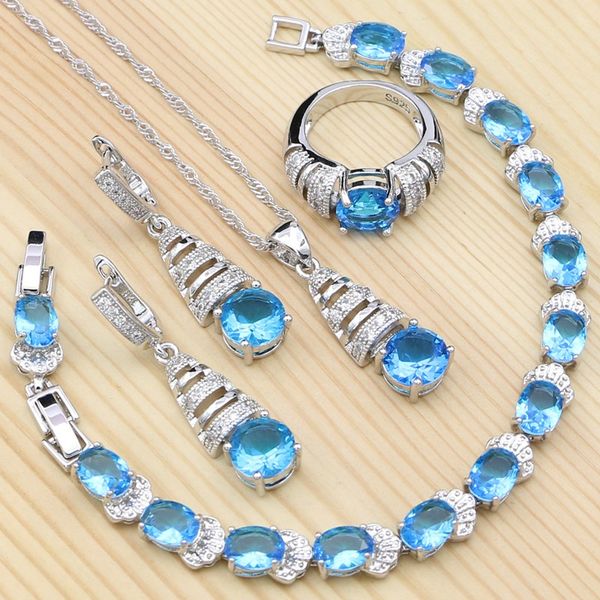 

925 sterling silver jewelry sets for girls sky blue cubic zirconia ring bracelet necklace pendant earrings set