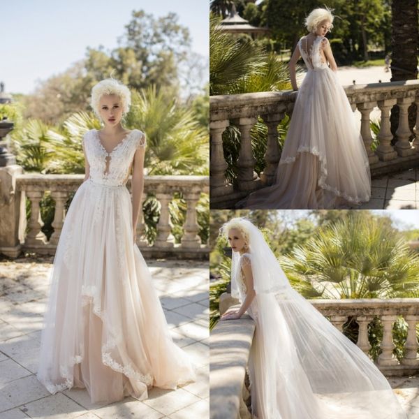 

dariakarlozi bridal 2019 bohemian beach wedding dresses deep v neck bridal gowns sweep train lace appliqued boho a line wedding dress, White