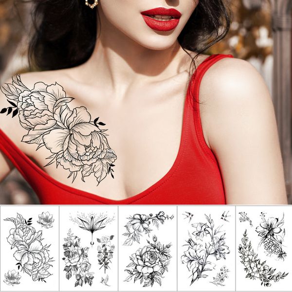 Acheter Imperméable à Leau Temporaire Tatouage Autocollant Sketch Ligne Pivoine Modèle Tatoo Transfert Deau Rose Corps Art Faux Bras Tatouage Pour