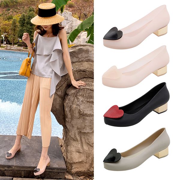 

glitter heart cute round toe single jelly shoes woman slip on chunky square med high heels pumps transparent pink ladies shoes, Black