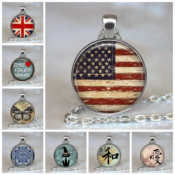 

usa uk flag fashion woman man jewelry the america british flag great britain glass cabochon pendant handmade necklace gift, Silver