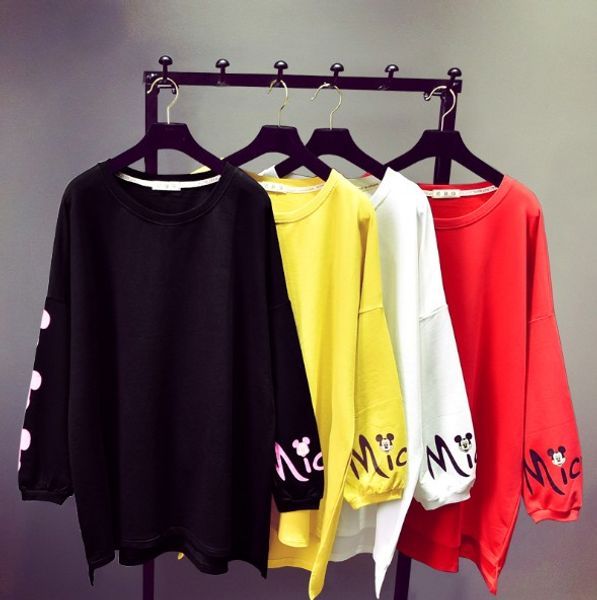 

весна новый женский большой размер мультфильм печати джемпер бат рубашка средняя длинная толстовка студентки свободная рубашка нерегулярные, Black