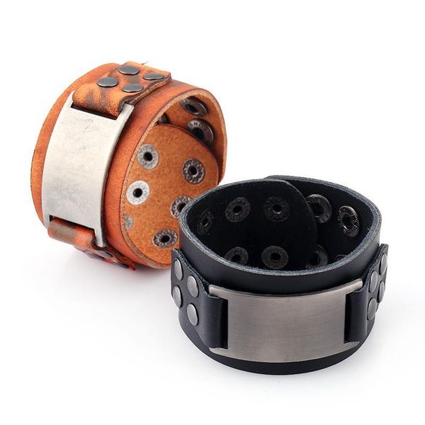 

2019 leather style bracelet black brown strap wide wrap leather bracelet buckle wristband men cuff bracelets punk jewelry, Golden;silver