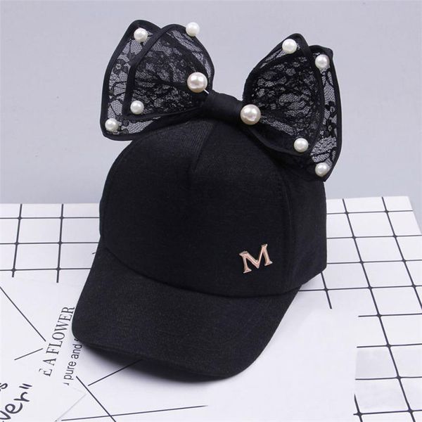 

children girls boys baseball cap spring summer baby rabbit ear pearl big bow kids sun hat snapback hip hop caps sunhat, Yellow