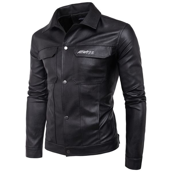 

aowofs ouma new style men locomotive leather coat lettered embroidered leather jacket coat 2-color d105, Black
