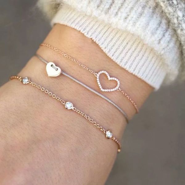 

jewelry fashion beads chain inlay rhinestone heart bracelet simple wax line woven bracelet 3 piece set, Black