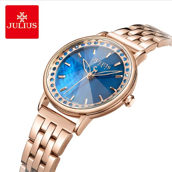 

julius brand stainless steel bracelet watch woman luxury blue crystal dial dress wristwatch relogio quartz watches for girl, Slivery;brown