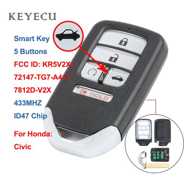 

keyecu 5 buttons smart remote car key fob 433mhz with id47 chip for civic us market, fcc: kr5v2x, 72147-tg7-a41, 7812d-v2x
