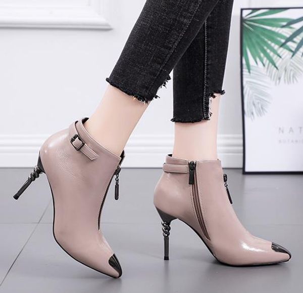 

fashion small buckle metal toe mid zip pointed toe designer ankle boots women shoes high heels size 34 to 39, Black