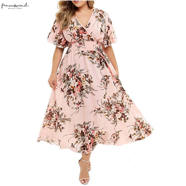 

lus size floral print v neck casual dress women 2020 summer short sleeve a line high waist trapeze maxi dresses, Black;gray
