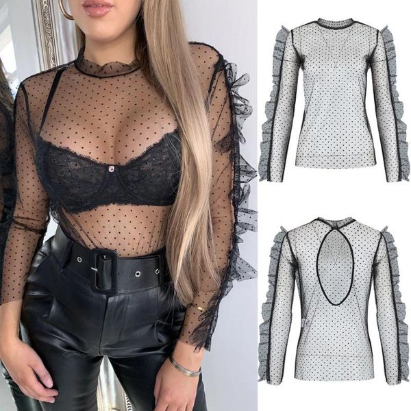 

t shirt women new t-shirts women fashion perspective mesh polka dot long sleeve backless t-shirt vintage black #zc, White