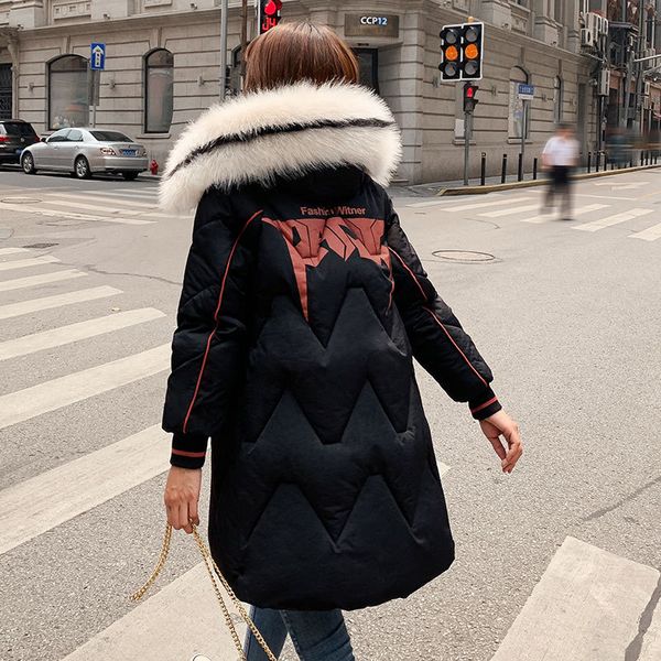 

large fur down jacket winter women 2019 new fashion loose hooded down cotton padded jacket coat female thick long parkas outwear, Black