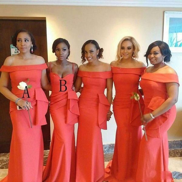 

african black girls coral satin mermaid bridesmaid dresses ruched ruffles floor length plus size wedding guest maid of honor dresses, White;pink
