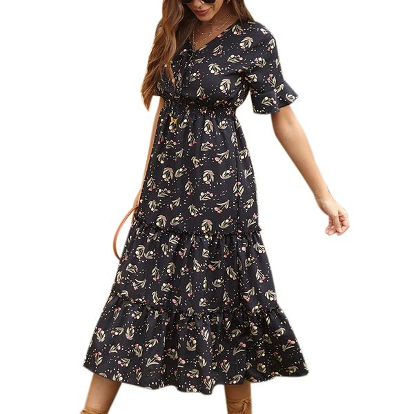 

summer women holiday dress button bohemian print dresses short floral dress, White