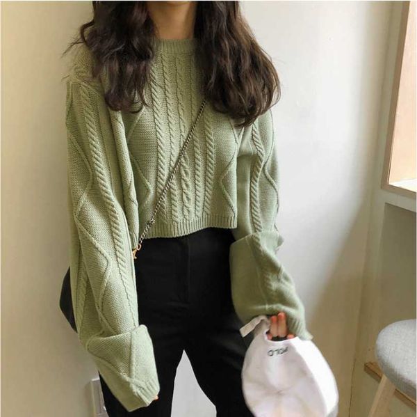 

solid color twisted short sweaters women autumn winter korean o neck long sleeve loose jumper student chic harajuku pullover top, White;black