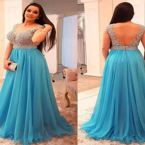 Primavera 2019 Abiti da cerimonia da sera Taglie forti Corpetto in pizzo argento con perline Sheer Back Una linea Gonna in tulle blu pavone Abiti da ballo taglie forti