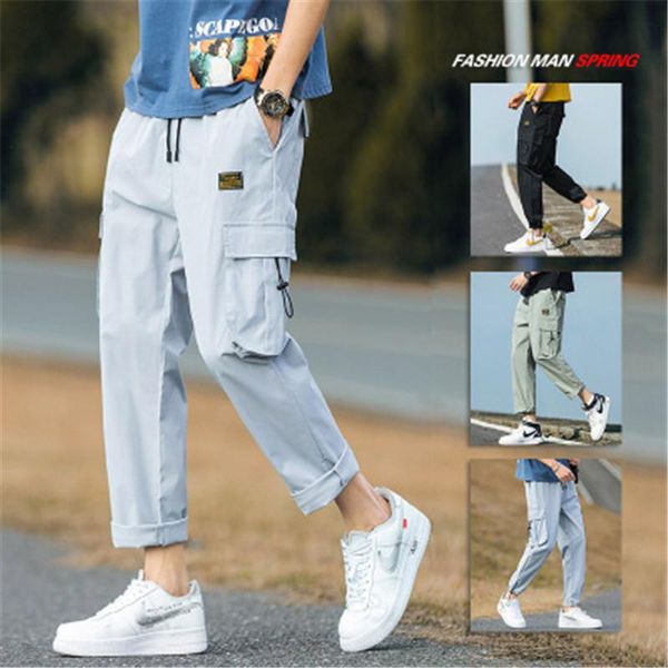 

men casual thin trousers fashion trend drawstring running pocket leggings summer designer new male straight loose sports pants clothing, Black