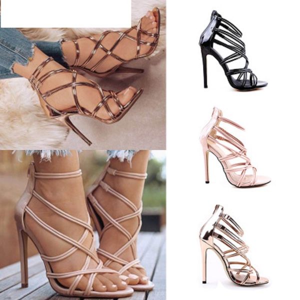 

sandals european and american women's shoes fish mouth hollow cross strap high-heeled large size, Black