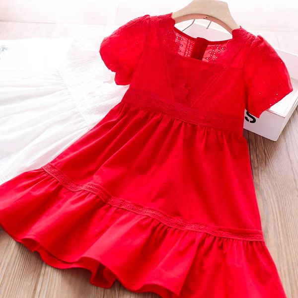 

2020 summer girls v-neck hollow flowers dress wholesale children's clothing, Red;yellow