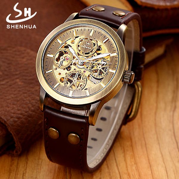 

vintage bronze shenhua men automatic watch men mechanical wrist watches transparent leather wristwatch clock, Slivery;brown