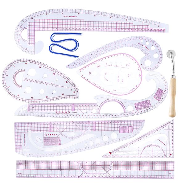 

10 pieces/set french curve straight metric ruler acrylic measure tool for dressmaking design drawing cutting plate, Black