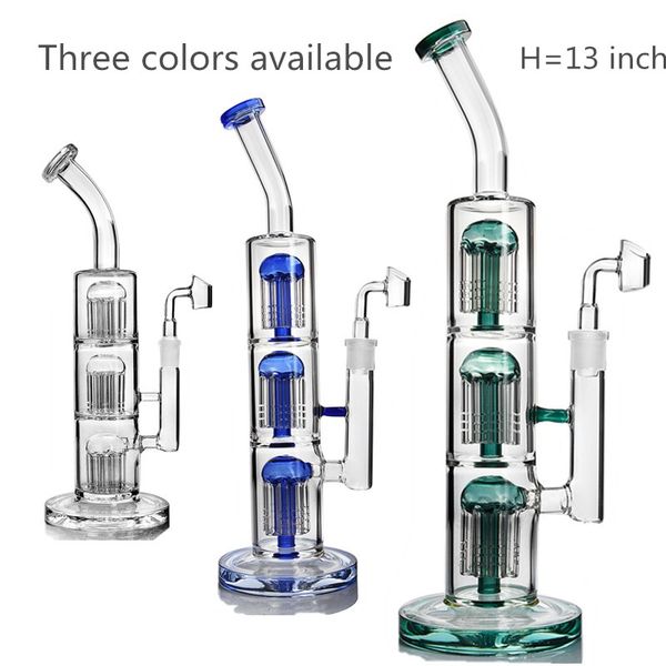 Blue Green Grey Amber Arm Tree Perc Glass Bong Triple Chamber Hookah Bubbler Recycler Percolators Water Pipe Tornado Shisha Oil Dab Rigs com junta de 14 mm