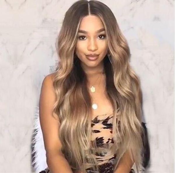 

golden roots blonde ombre body wave wigs hair gluels synthetic lace front wig for women heat ristant fiber fzp144